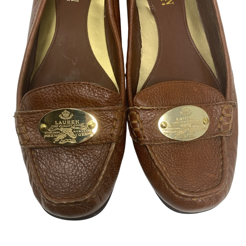 Lauren Ralph Lauren Brown Leather Loafer Flats Gold Logo Classic Academia Preppy - Picture 4 of 8